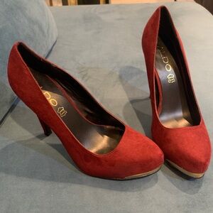 Aldo Burgundy Suede Heels with Gold Accents